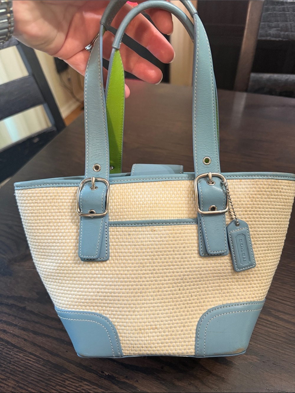 Coach straw and leather tote